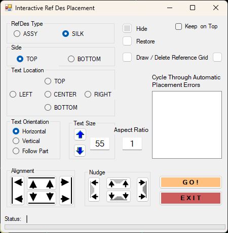 The Interactive Ref Des Placement dialog, with controls for location, orientation, size, alignment, and nudging